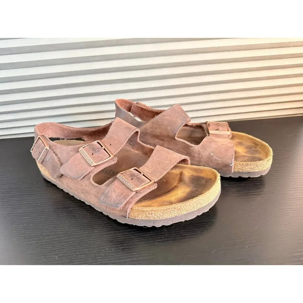 Birkenstock Milano Brown Oiled Leather Sandals EU 42 Double Strap Buckle Comfort